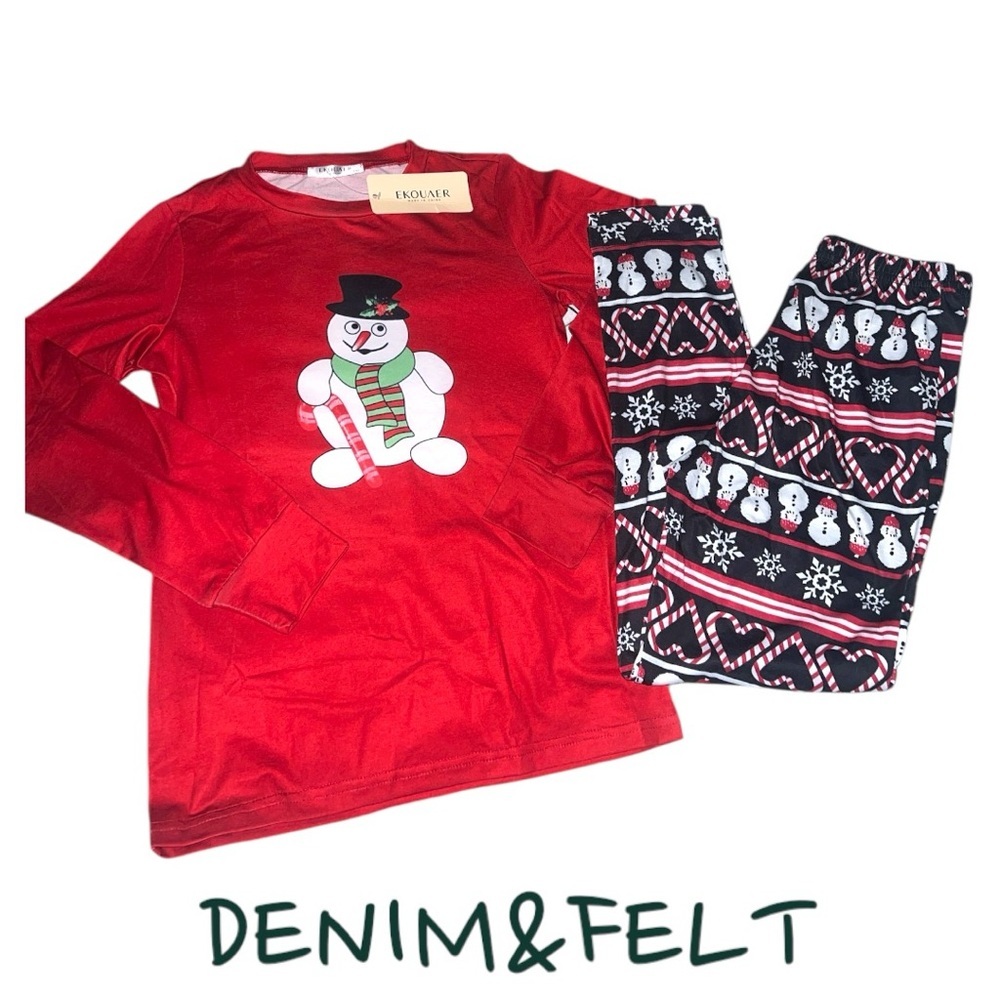 NEW Ekouaer Kids Christmas Pajamas Set Red Snowman Candy Cane Size 10-11 Years